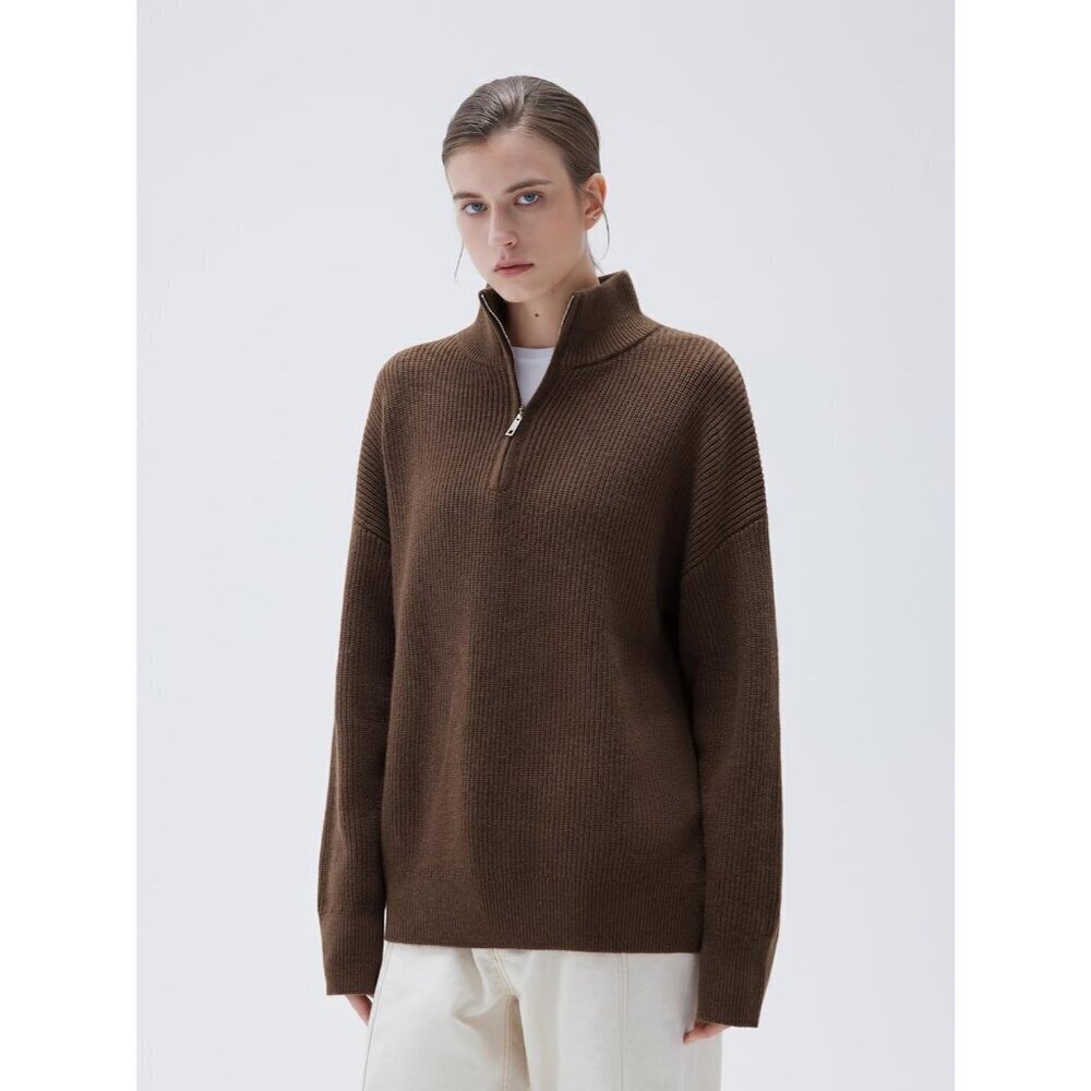 Women Brown Oversized Cashmere Collared Ribbed Long Sleeve Sweater - Picture 7 of 7